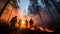 Firefighters battling a raging wildfire in a dense forest