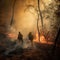 Firefighters in a burning forest. Wildfires. Created using generative Al tools
