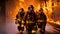 Firefighters Departing From Extinguished Fire, Inferno Protectors, A group of masked firefighters bravely battles towering flames