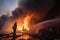 firefighters douse flames with water and suppress the fire, while smoke rises into the air