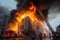 Firefighters extinguish a fire in the city of Bucharest, Romania. American large building is on fire and firefighters are trying