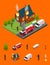 Firefighters Extinguish Fire at House and Elements Part Isometric View. Vector