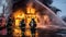 Firefighters extinguish a fire in a house on evening. Generative AI