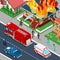 Firefighters Extinguish a Fire in House Isometric City. Fireman Helps Injured Woman