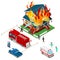 Firefighters Extinguish a Fire in House Isometric City. Fireman Helps Injured Woman