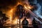 Firefighters extinguishing a fire in a building at night. Firefighters fighting a fire. American large building is on fire and