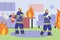 Firefighters fighting fire in house, flat cartoon vector illustration background