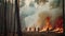 Firefighters fighting a forest fire with smoke and flames in the background, forest fire with trees on fire firefighters trying to