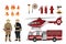 Firefighters and fire fighting equipment on a white background. Helicopter and fireman`s car. Icons of flame and items