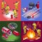 Firefighters, fire rescue equipment and tools 2x2, isometric icons isolated background