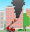 Firefighters with a fire truck extinguish a house. Firefighters stand on the stairs of a fire engine, extinguish a fire from a