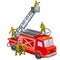 Firefighters on a fire truck rescuing a child, cartoon illustration, isolated object on white background, vector