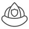Firefighters helmet line icon. Fireman protection hat with a shield emblem outline style pictogram on white background