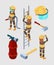 Firefighters isometric. Proffesional equipment of fire station hose boots extinguisher car vector 3d illustrations