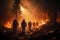 Firefighters at night, struggling to control a wild forest wildfire