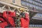 Firefighters operating fire ladders during the exercise