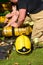 Firefighters prepare breathing apparatus at fire scene