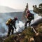 Firefighters in protective suits and masks extinguish a fire in nature in the mountains, hot summer,