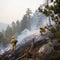 Firefighters in protective suits and masks extinguish a fire in nature in the mountains, hot summer,