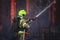 Firefighters put out large massive fire blaze, group of fire men in uniform during fire fighting operation in the city streets,