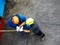 Firefighters are rappelling and climbing ropes