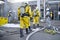 Firefighters and rescuers in a radiation protection, chemical protection suit