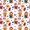 Firefighters seamless pattern. Funny animals in fire protection uniforms with buckets. Fox and hare extinguish flame