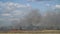 Firefighters stand near a fire engine and are preparing to put out a fire in the field