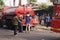 Firefighters on standby and trying to extinguish the fire at the furniture warehouse fire site. : Yogyakarta, Indonesia - 12 May