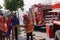 Firefighters on standby and trying to extinguish the fire at the furniture warehouse fire site. : Yogyakarta, Indonesia - 12 May
