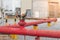 Firefighters tools fire extinguisher and red fire hose, accessories and equipment for fire fighting in factory