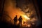 Firefighters using powerful floodlights to battle a forest fire during the night, creating a sense of urgency and highlighting