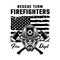 Firefighters vector emblem, logo, badge or label design illustration in monochrome style with fireman and american flag