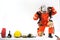 Firefighters wearing firefighting clothing on white background and Helps to prevent fire