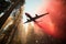 firefighting aircraft flies over forest, dropping fire retardant