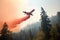 firefighting aircraft flies over forest, dropping fire retardant