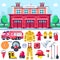 Firefighting equipment vector icons. City fire station illustration. Extinguisher, alarm system, firemans uniform, car