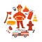 Firefighting and fire protection poster of firefighter extinguishing equipment vector flat icons