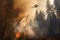 Firefighting helicopter dropping water from its bucket, aiming to quell the raging forest fire beneath. Dramatic view up,