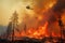 Firefighting helicopter with water bucket navigating through heavy smoke above a landscape ablaze with a raging wildfire.