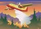 Firefighting plane dropping water above burning forest. Aerial firefighting and wildfire concept in color. Flat vector