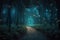 Fireflies along a path in magic forest. Generative AI illustration