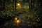fireflies illuminating a small forest creek at twilight