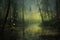 fireflies shimmering in a mysterious, foggy swamp landscape