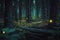 fireflies in a wild fairy tale mystical mysterious forest. Generated by AI
