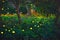 Firefly flying in the forest. Fireflies in the bush at night in Prachinburi Thailand. Long exposure photo.