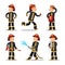 Fireman Cartoon Character Set. Firefighter with Hose