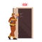 Fireman Character with Loudspeaker Announce Fire Emergency Evacuation Alarm Stand at Open Door with Ladder, Alert