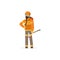 Fireman character in uniform and protective mask holding an axe, firefighter at work vector illustration