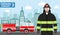 Fireman concept. Detailed illustration of man firefighter and fire truck in flat style on background with cityscape. Vector